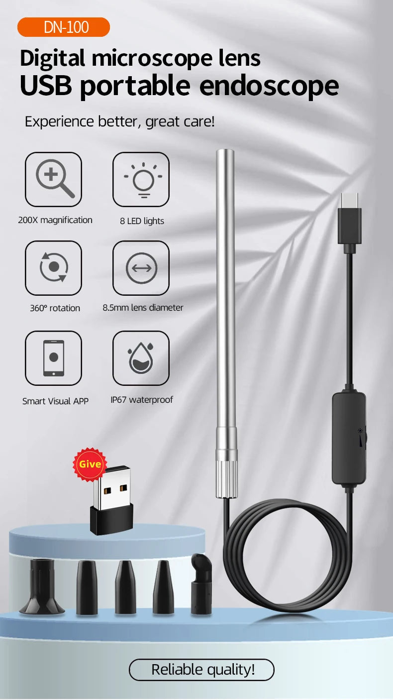 Handheld Digital Microscope Camera 1080P HD USB 8.5mm Inspection Camera 10x-200x Magnification Microscopes With 8 LED For USB C