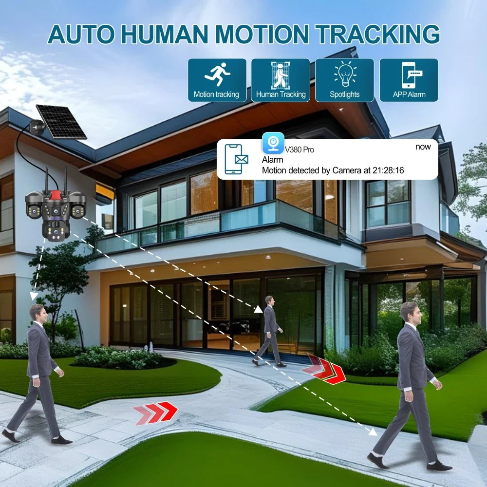 15MP 4K Solar Wifi Security Camera 3 Lens 3 Screens PTZ 10X Zoom Outdoor Wireless Secure 360 Auto Tracking Smart Home CCTV Cam