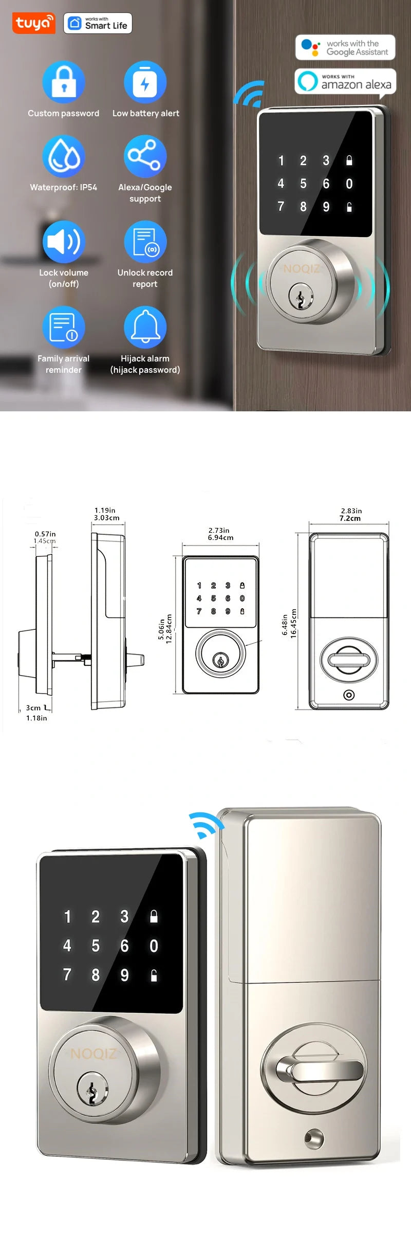 Tuya Smart Home WiFi Lock Keyless Entry Door Lock With Touchscreen Keypad APP Control Waterproof Grade IP54 Low Battery Alert