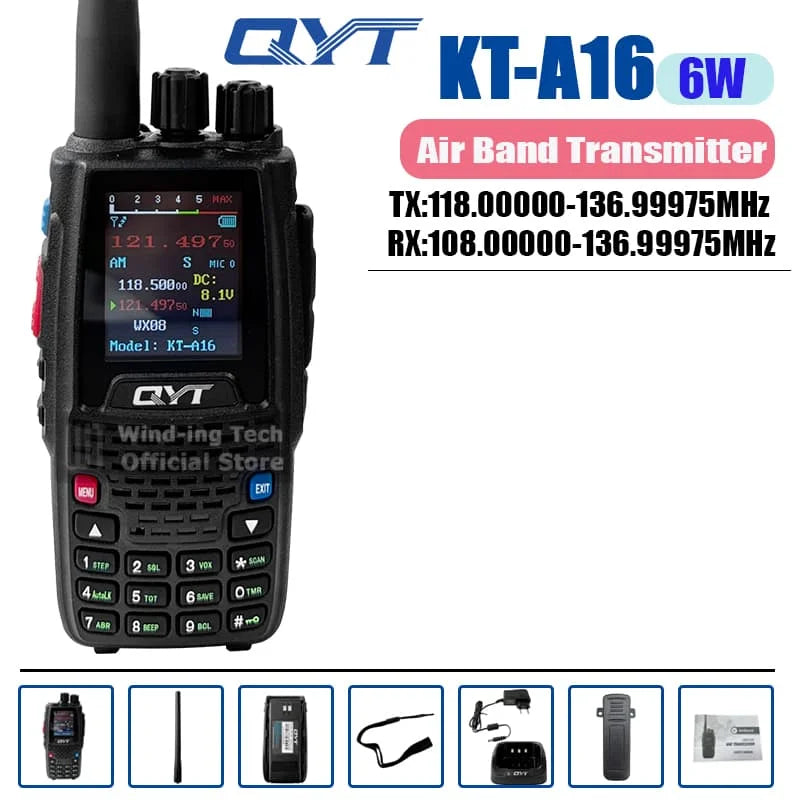 QYT KT-A16 Walkie Talkie 6W Air Band Transmitter VHF Transceiver 2000mAh NOAA Superheterodyne Circuit Aviation Portable Radios