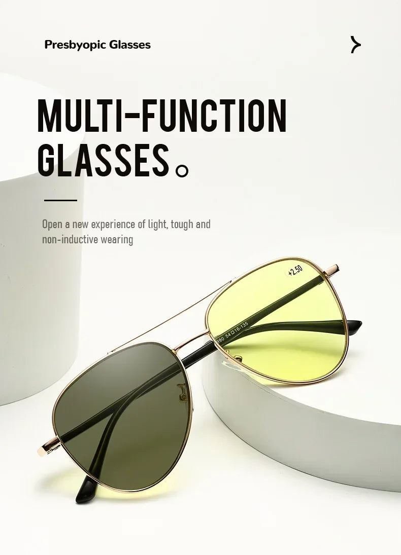 Retro Double Beam Large Frame Presbyopia Glasses Night Vision Photochromic Multifocal Reading Glasses Anti Blue Light Eyeglasses