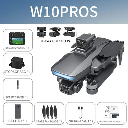 Drone W10 with 4.5 Inch Screen 3-Axis Anti-shake Gimbal Drones 4K Aerial Brushless RC Quadcopter 5G GPS 8K HD Cameras EIS Dron