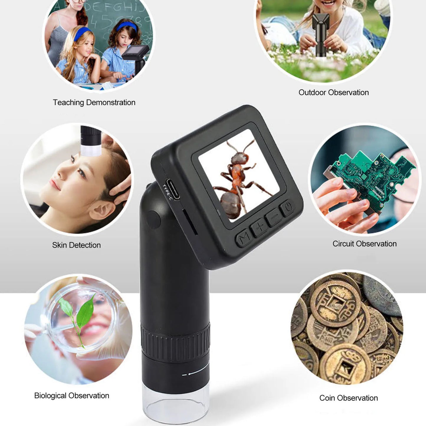 Handheld Microscope USB 5V  2 Inch  Screen 0-40mm Focusing Range 1000X Digital Microscope for Circuit Jewelry Observation