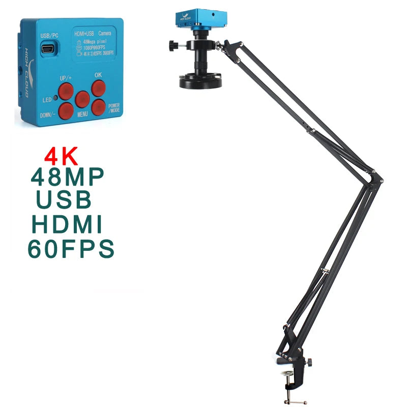 48MP 4K 1080P HDMI USB Industrial Digital Microscope Camera with C-Mount Lens 130X Zoom Cantilever Stand for Repair Soldering