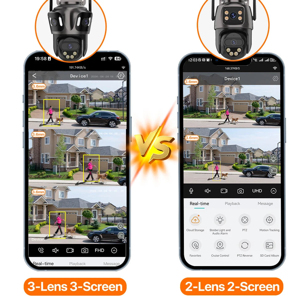 Three Screen WIFI IP Camera Outdoor 4K Dual Lens PTZ Camera Ai Human Detection IP66 Waterproof CCTV Video Security Camera iCsee