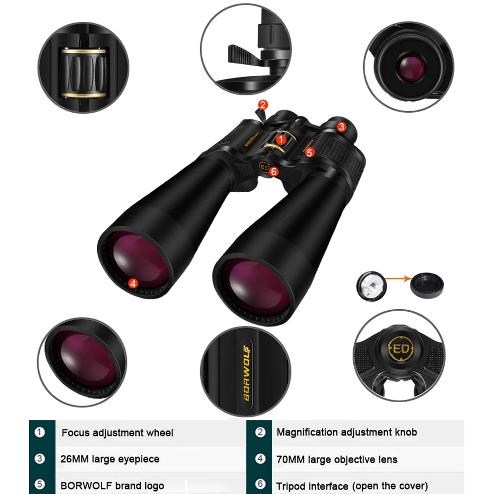 BORWOLF Large Objective lens 25-75X70 Binoculars  FMC Optical  High Power Hunting Birdwatching Telescope Light night vision