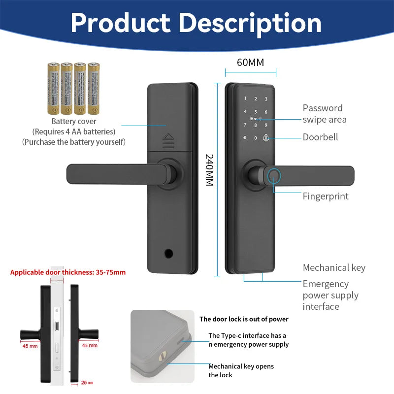 New Smart Door Lock With Tuya APP Digital Electronic Lock Smart Home Wooden Door Lock Biometric Fingerprint