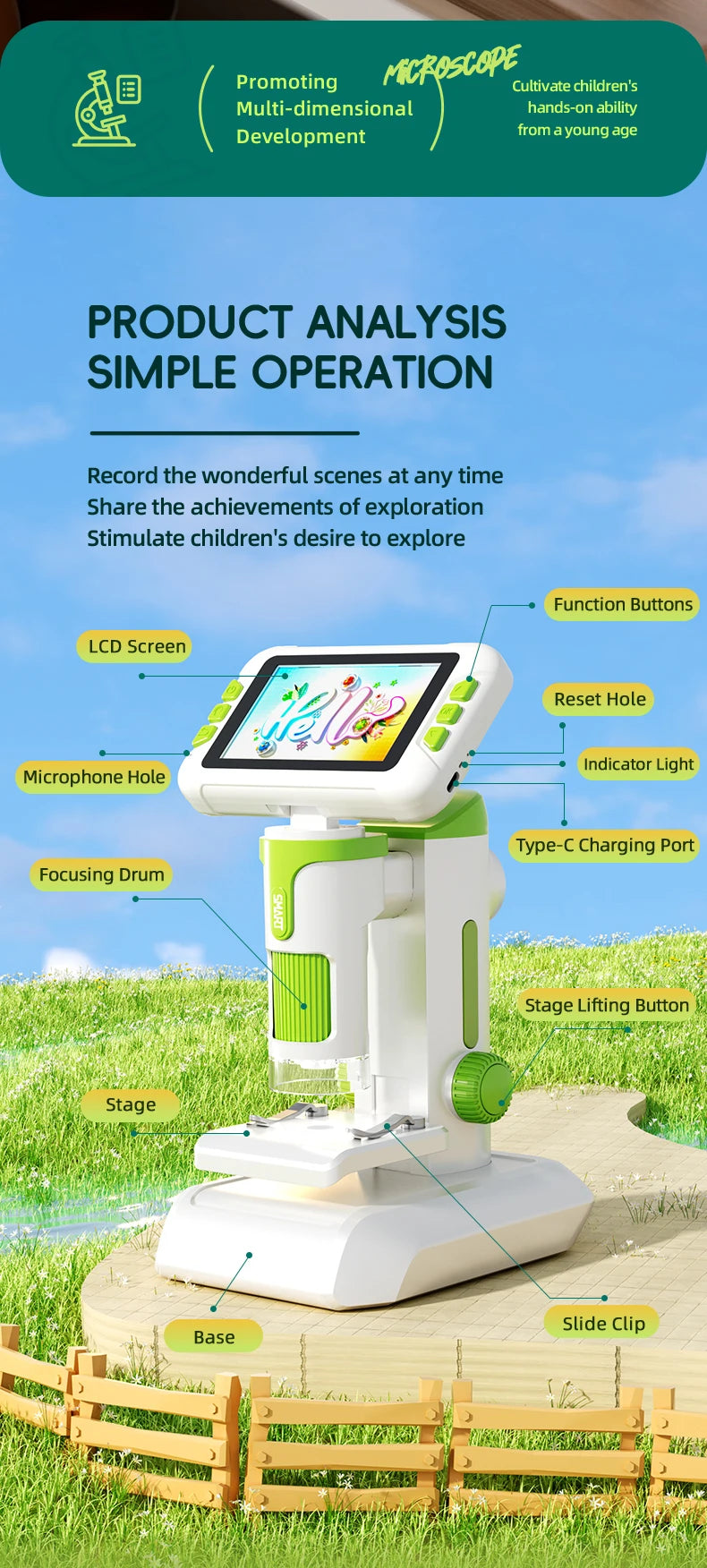 Microscope for Kids Children Microscope with 3.97 Inch Screen 1600x Zoom Mini Handheld Microscope Camera Christmas Birthday Gift