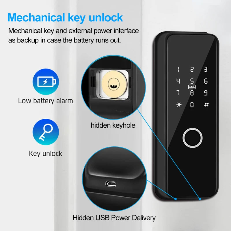 Outdoor Smart Fingerprint Door Lock: Waterproof, Bluetooth, Code, IC Card, Keyless Entry. Support TTLock WIFI Hub for glass door