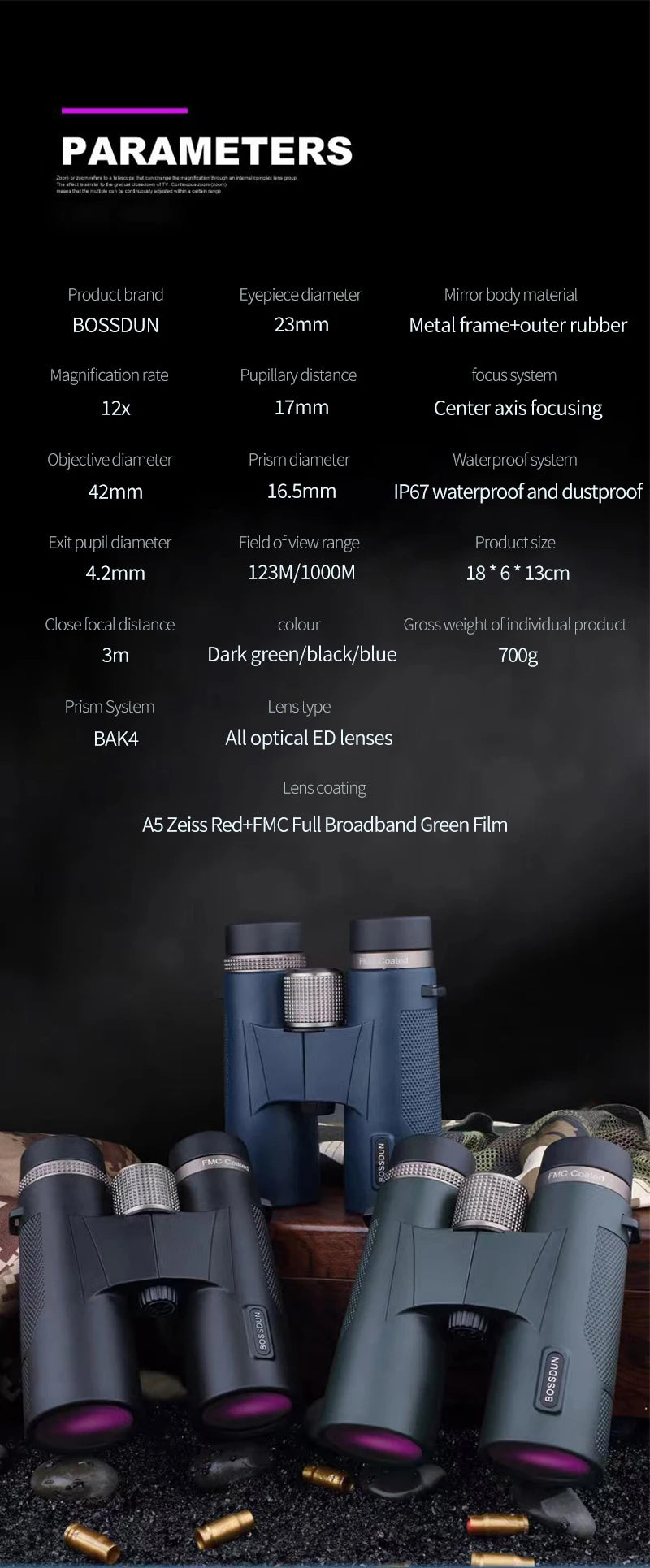 12x42 HD Professional Binoculars with ED Lens BAK4 Prism Waterproof Metal Body for Birdwatching Hunting Camping Travel Outdoor