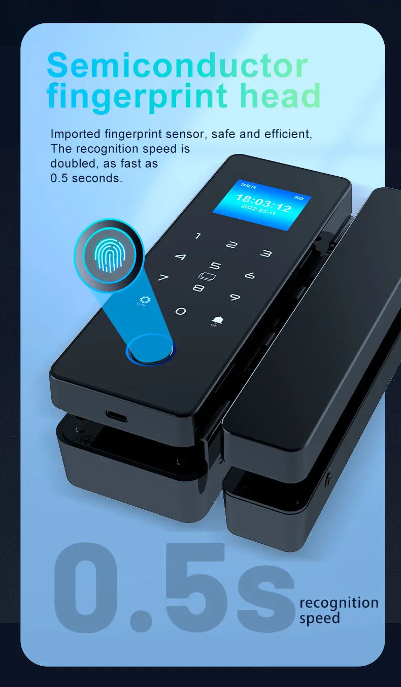 IP65 Bluetooth Smart Glass Door Lock with HAHALock App - Fingerprint/RFID/IC Card Access, Dual Hook Lock & Attendance Tracking