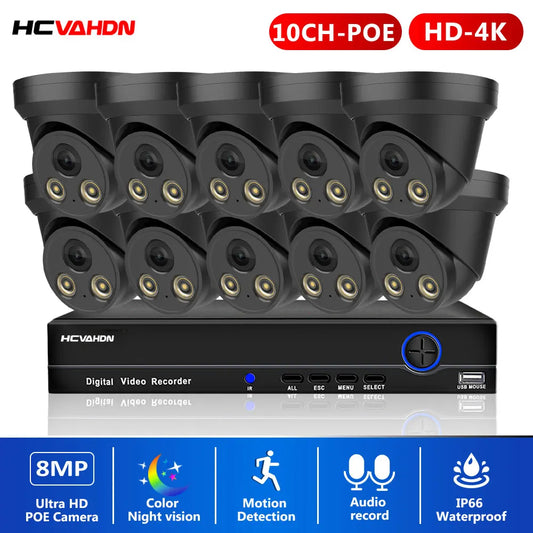 CCTV Security Camera System 8MP 4K 8CH POE NVR Kit Audio Record Outdoor Color Night Vision Video Surveillance IP Dome Camera Set