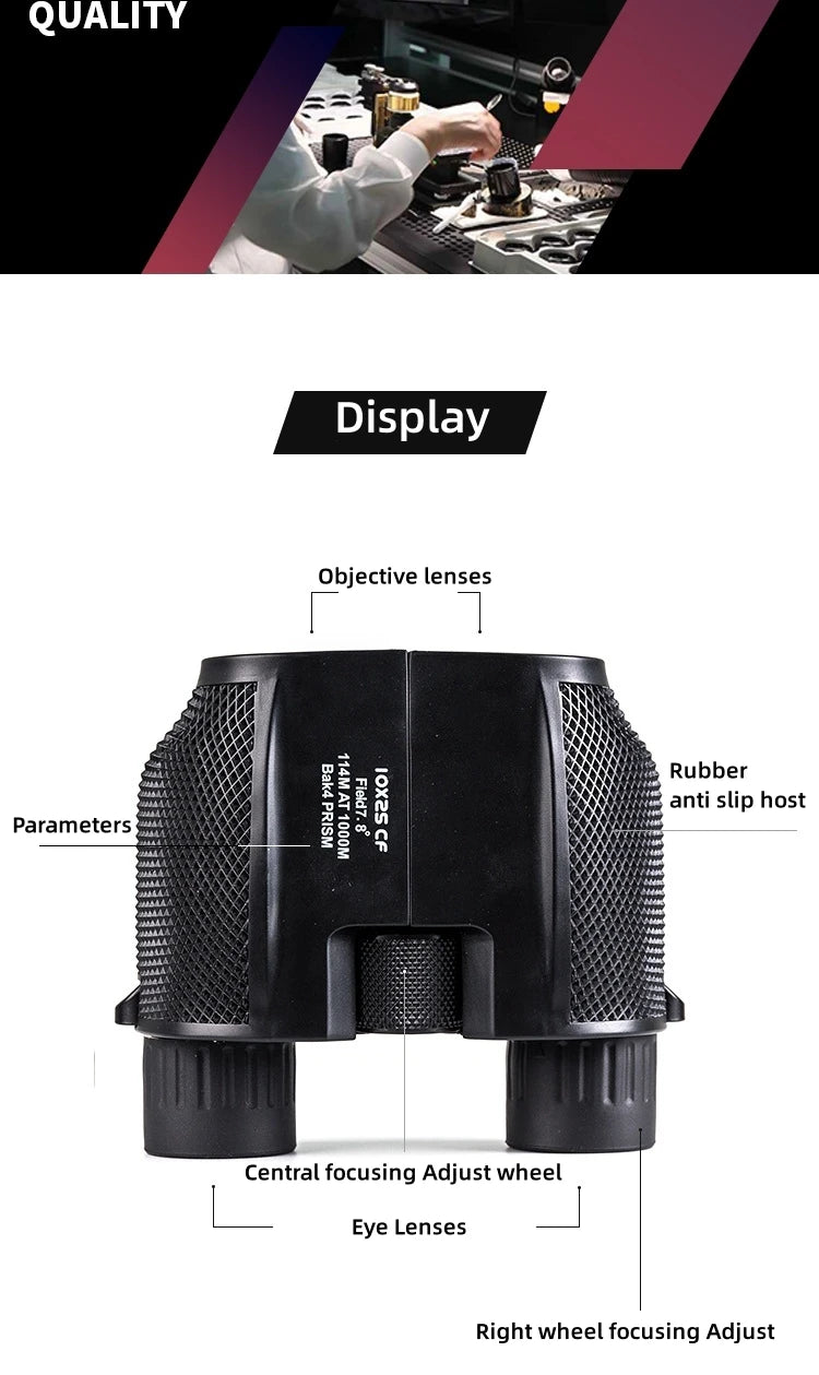 Binoculars 10X25 HD Mini Portable Telescope BAK4 FMC Coated Telescope Outdoor Bird Watching Hunting Travel Camping Ball Game