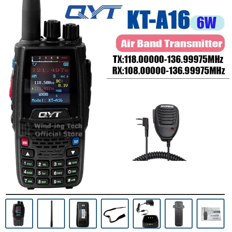 QYT KT-A16 Walkie Talkie 6W Air Band Transmitter VHF Transceiver 2000mAh NOAA Superheterodyne Circuit Aviation Portable Radios