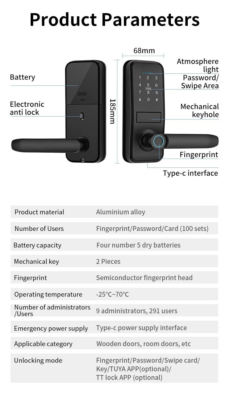 Tuya TTlock Smart Door Lock Fingerprint Door Lock Password Fingerprint IC Card Key APP Remote Unlock Eletronico Digital 도어락