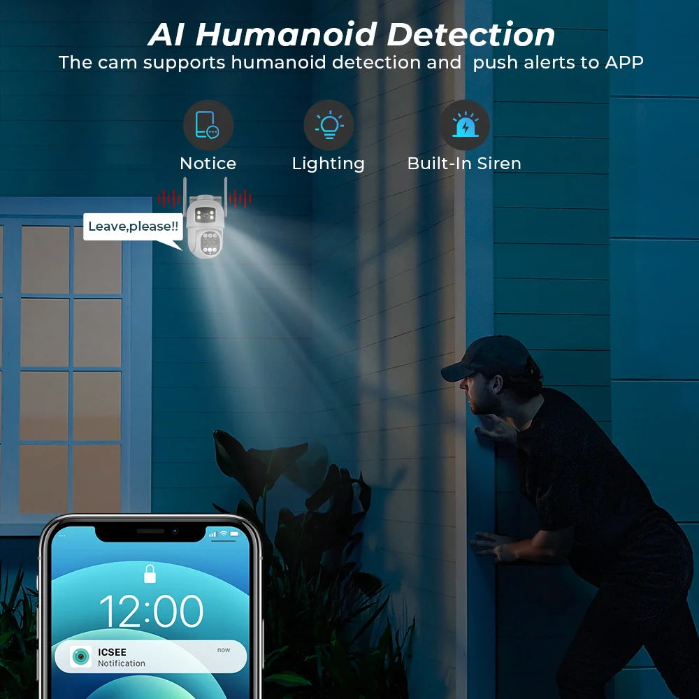 6K 12MP Security Camera 8X Zoom Three Lens Dual Screen Outdoor WiFi Home Protection IP Cam PTZ CCTV Video Surveillance Icsee