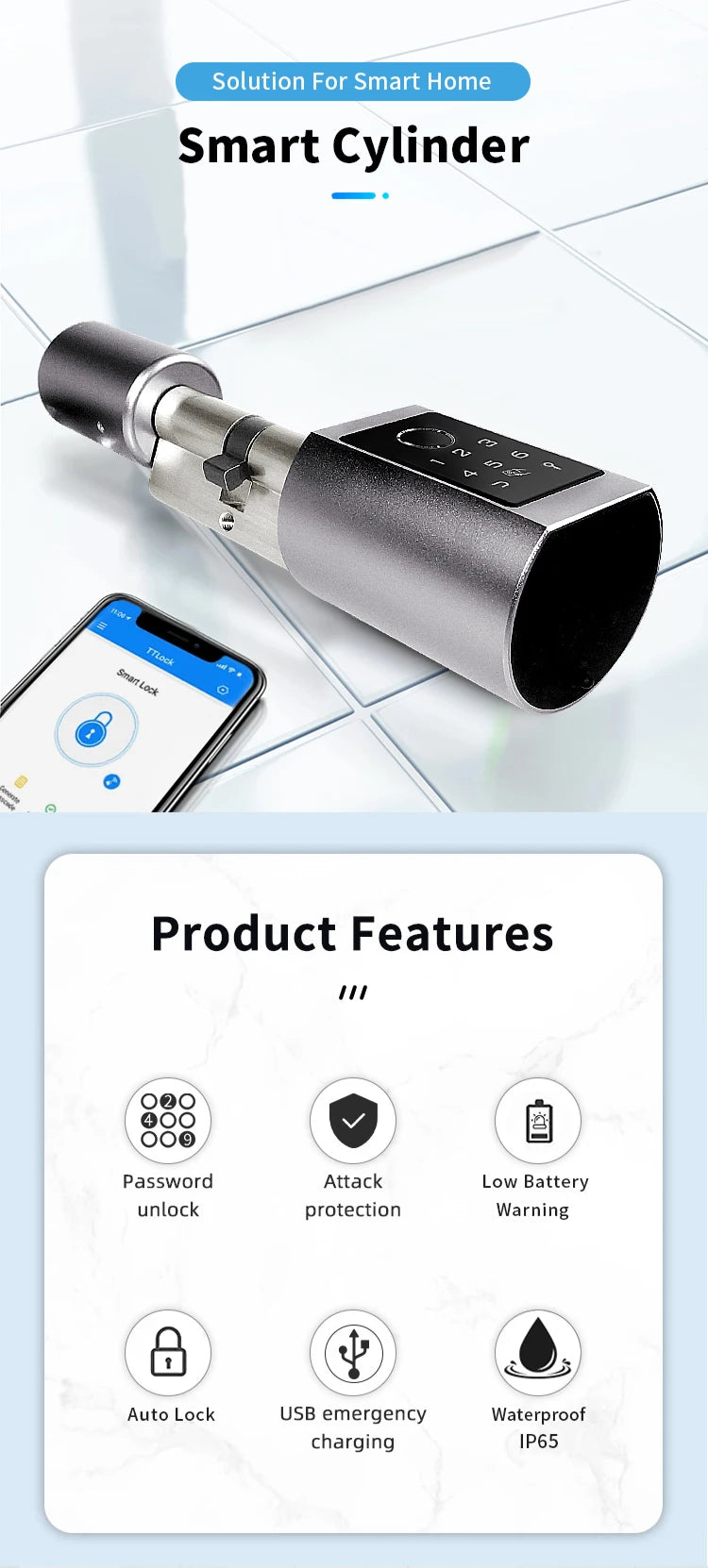 TTlock BLT APP Smart Cylinder Door Lock Bluetooth APP Waterproof Electronic Digital Password Card Mechanicak Key Unlock Home