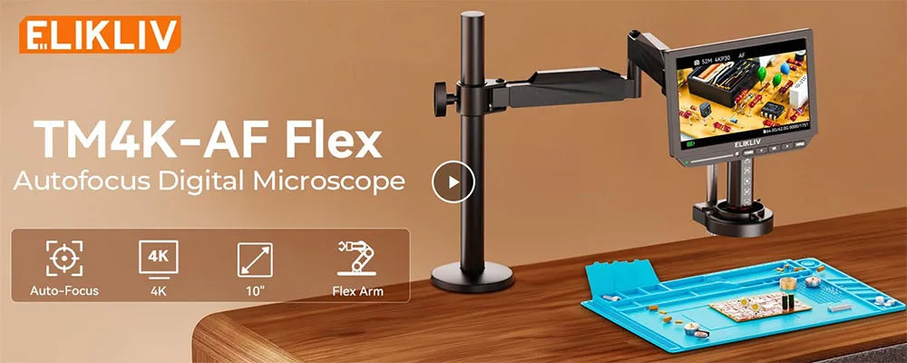 Elikliv EM4K-AF Flex 10.1'' Autofocus Digital Microscope 4K Soldering Microscopio for Electronics 2000X HDMI Microscope with Arm