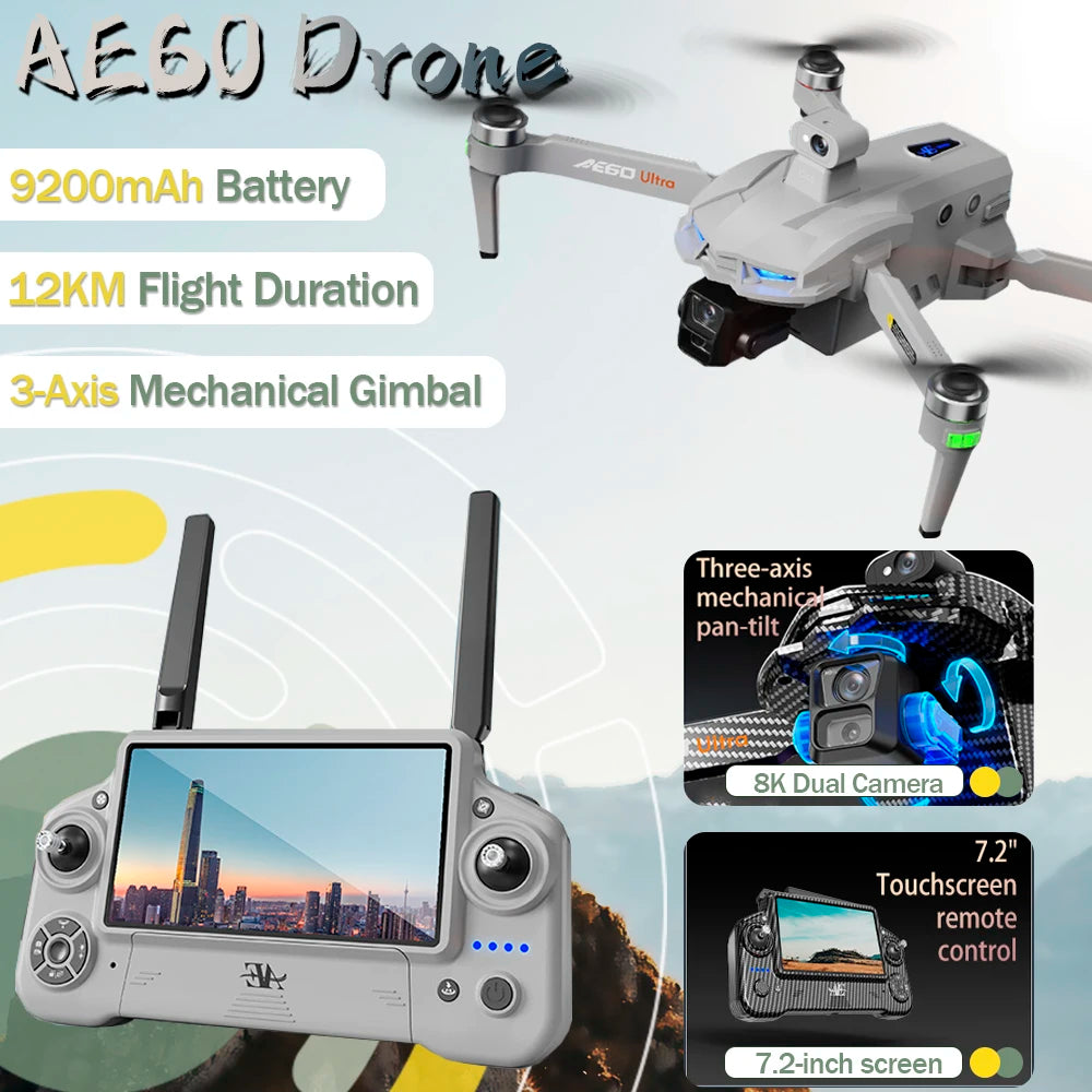 AE60 professional dron 7.2-inch touch screen RC 12KM drone with 8K dual cameras three-axis gimbal 5G GPS avoiding Quadcopter
