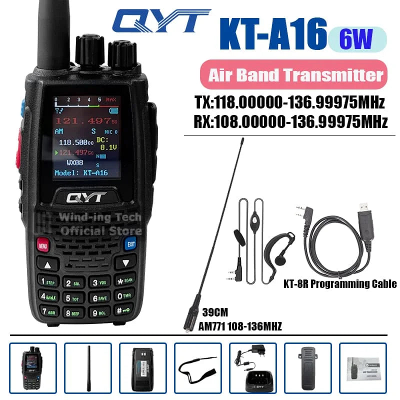 QYT KT-A16 Walkie Talkie 6W Air Band Transmitter VHF Transceiver 2000mAh NOAA Superheterodyne Circuit Aviation Portable Radios