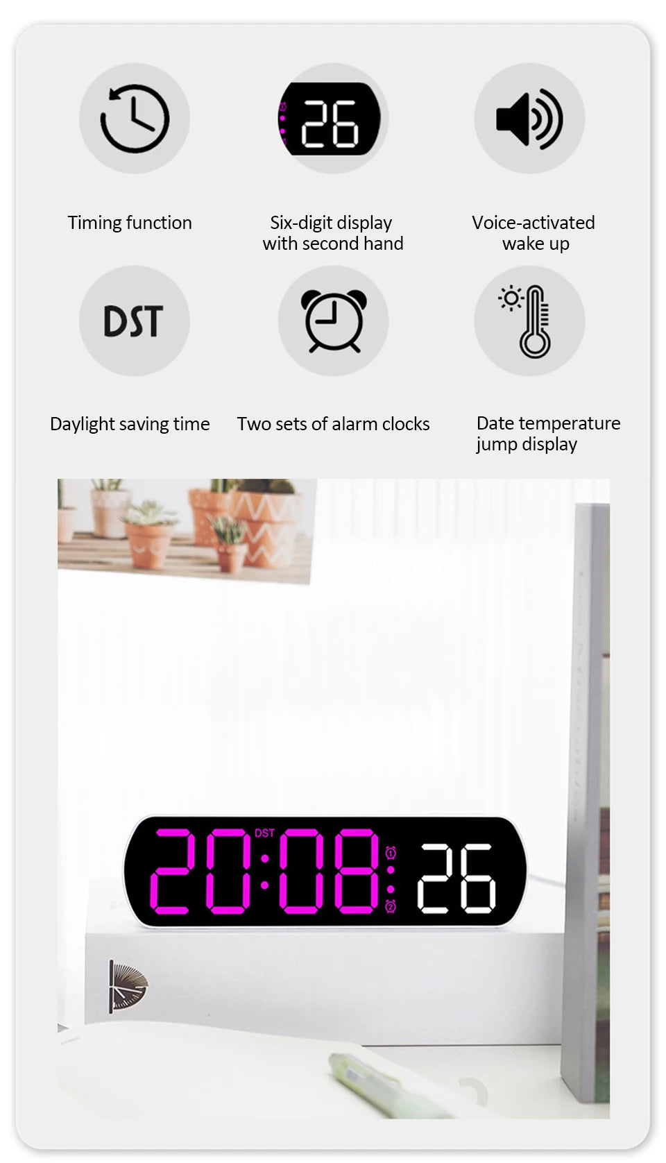 Voice Activated Multifunction Digital Alarm Clock LED Timer Clock 12/24H Temperature Date Display Desktop Alarm Clock Night Mode