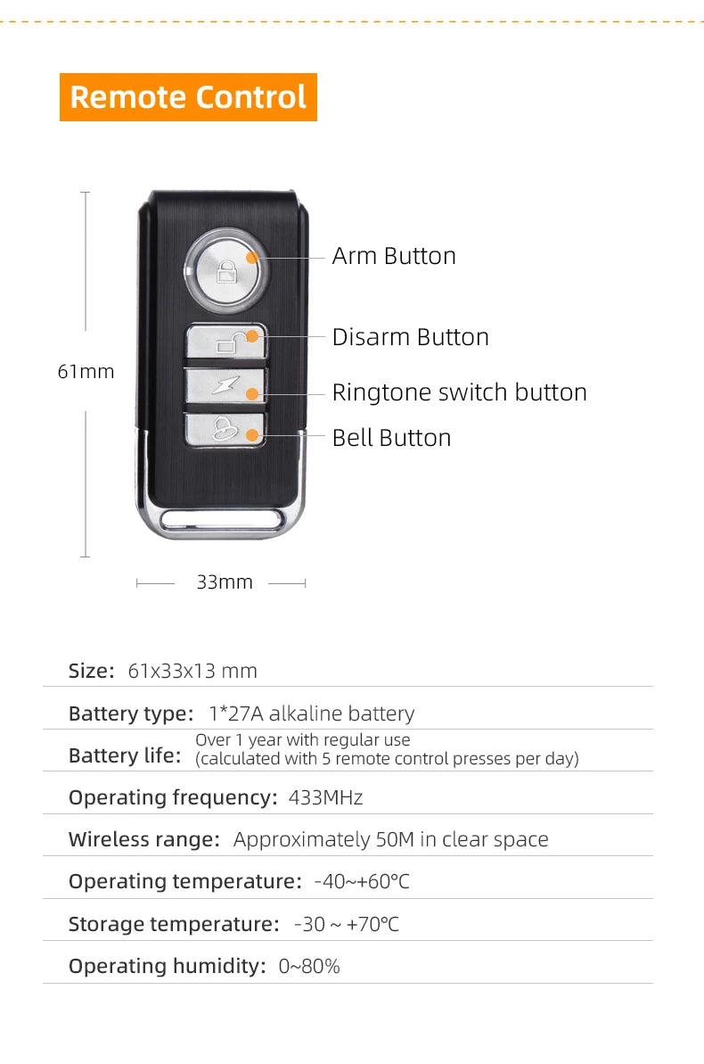Anti-theft Alarm for Motorbike/Bicycle 113db High Volume Vibration Wireless Remote Control Electric Bell Sound Find A Vehicle