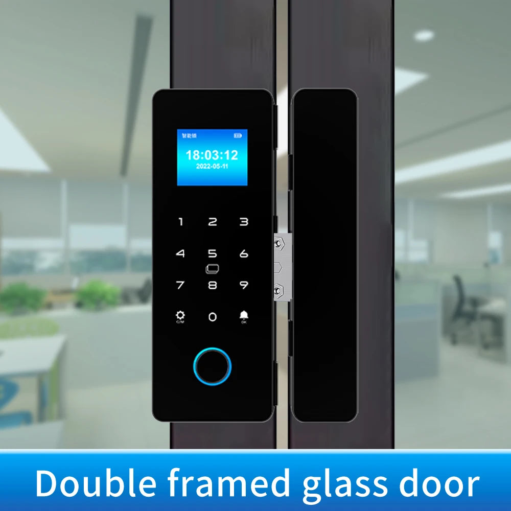 IP65 Bluetooth Smart Glass Door Lock with HAHALock App - Fingerprint/RFID/IC Card Access, Dual Hook Lock & Attendance Tracking