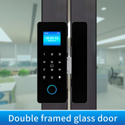 IP65 Bluetooth Smart Glass Door Lock with HAHALock App - Fingerprint/RFID/IC Card Access, Dual Hook Lock & Attendance Tracking