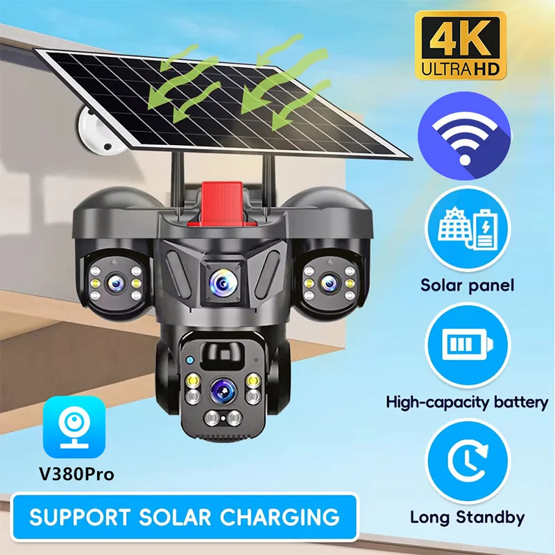 15MP 4K Solar Wifi Security Camera 3 Lens 3 Screens PTZ 10X Zoom Outdoor Wireless Secure 360 Auto Tracking Smart Home CCTV Cam