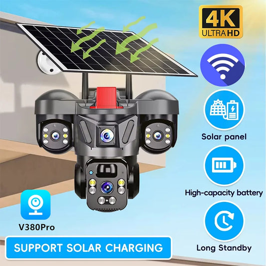 15MP 4K Solar Wifi Security Camera 3 Lens 3 Screens PTZ 10X Zoom Outdoor Wireless Secure 360 Auto Tracking Smart Home CCTV Cam