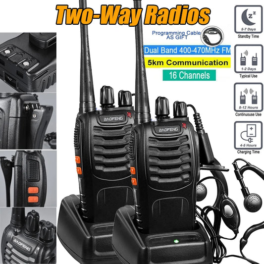 2Pcs Walkie Talkies Long Range with Earpieces 16 Channel Professional Radio Handheld Two Way Radios with Li-ion Battery