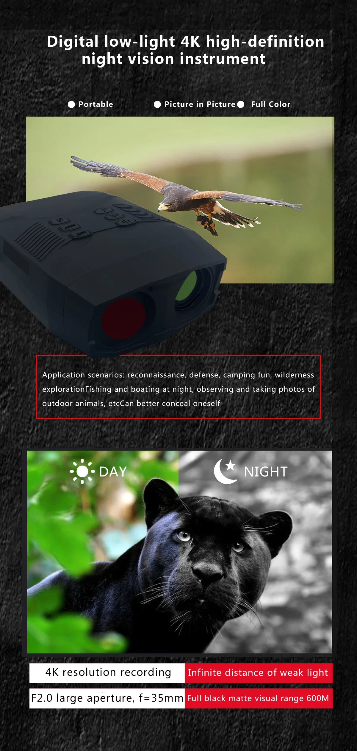 4K 60MP 3Inch Large Screen  8X Zoom NV6000 Full Color Night Vision Instrument  Googles Binocular Take Photo&Video Digital Camera