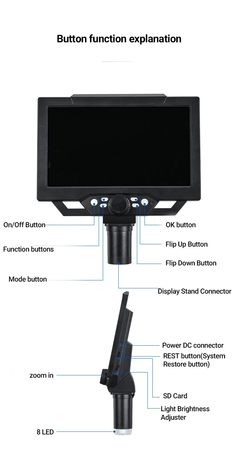 DDCAMERA 9-INCH LCD Digital Microscope 12MP 1600X Coin Microscopes With Metal Stand 1080P Microscopes Camera for Plant/Rock