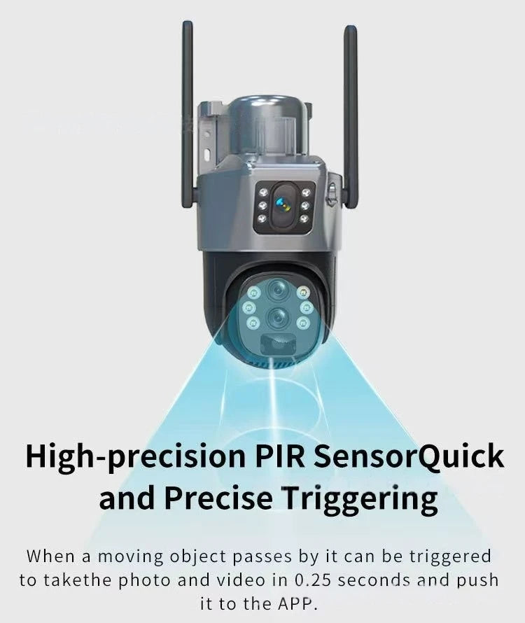 Wireless outdoor solar security camera, 1080P HD night vision 3 lens dual picture, IP65 waterproof, wireless monitor