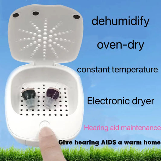 Dedicated electronic dryer for hearing aid accessories used for drying, dehumidifying, caring for, and maintaining hearing aids
