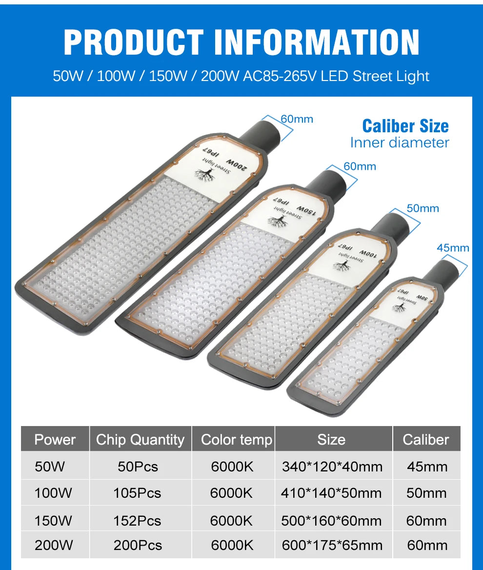 Floodlight IP67 Waterproof LED Street Lights 100W 150W 200W Super Bright Lamp Outdoor Wall Light Security Lighting for Garden