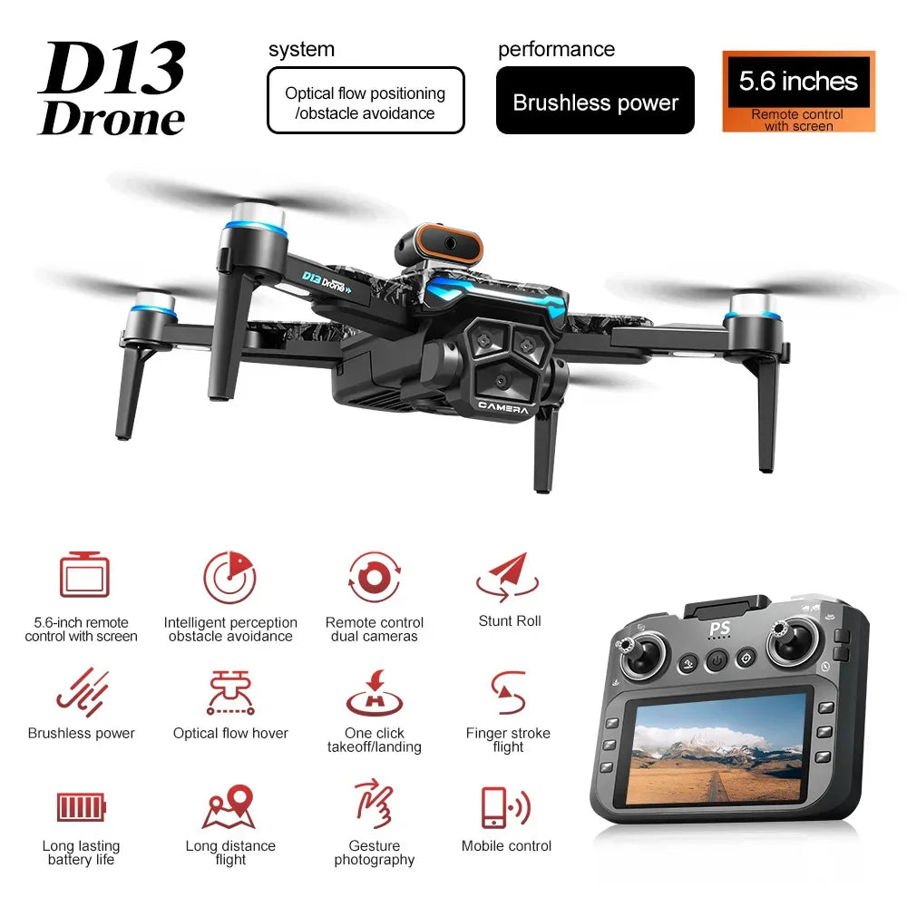 Aircraft Foreign Trade New D13 Drone with 5.6-inch Screen Control Brushless Quadcopter Obstacle Avoidance Remote-controlled