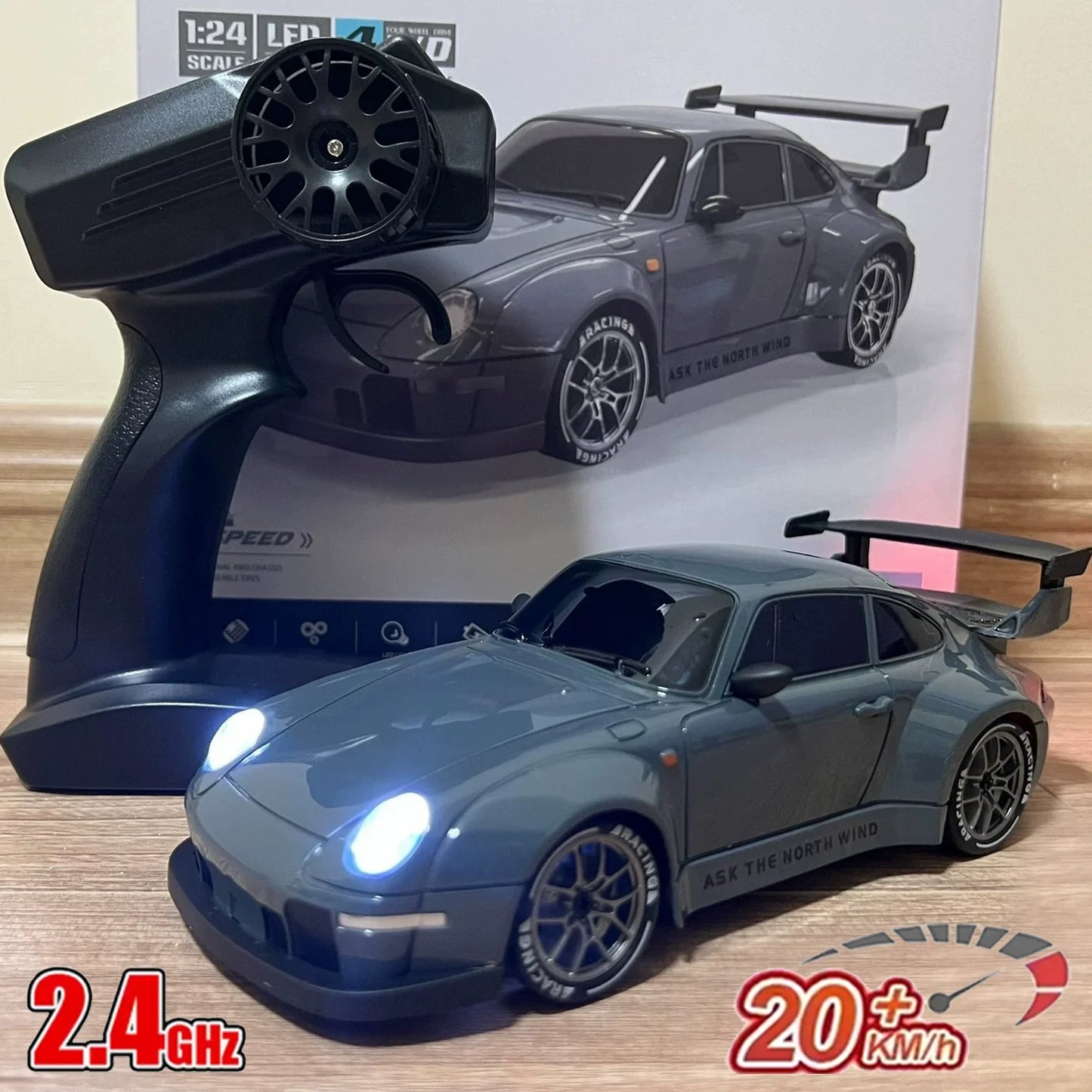 RC Cars 1/24 Remote Control Vehicle with LED Lights 2.4GHz 20KM/H 4WD High Speed RC Car Drifting Tires Racing Toy Gift Adult Kid
