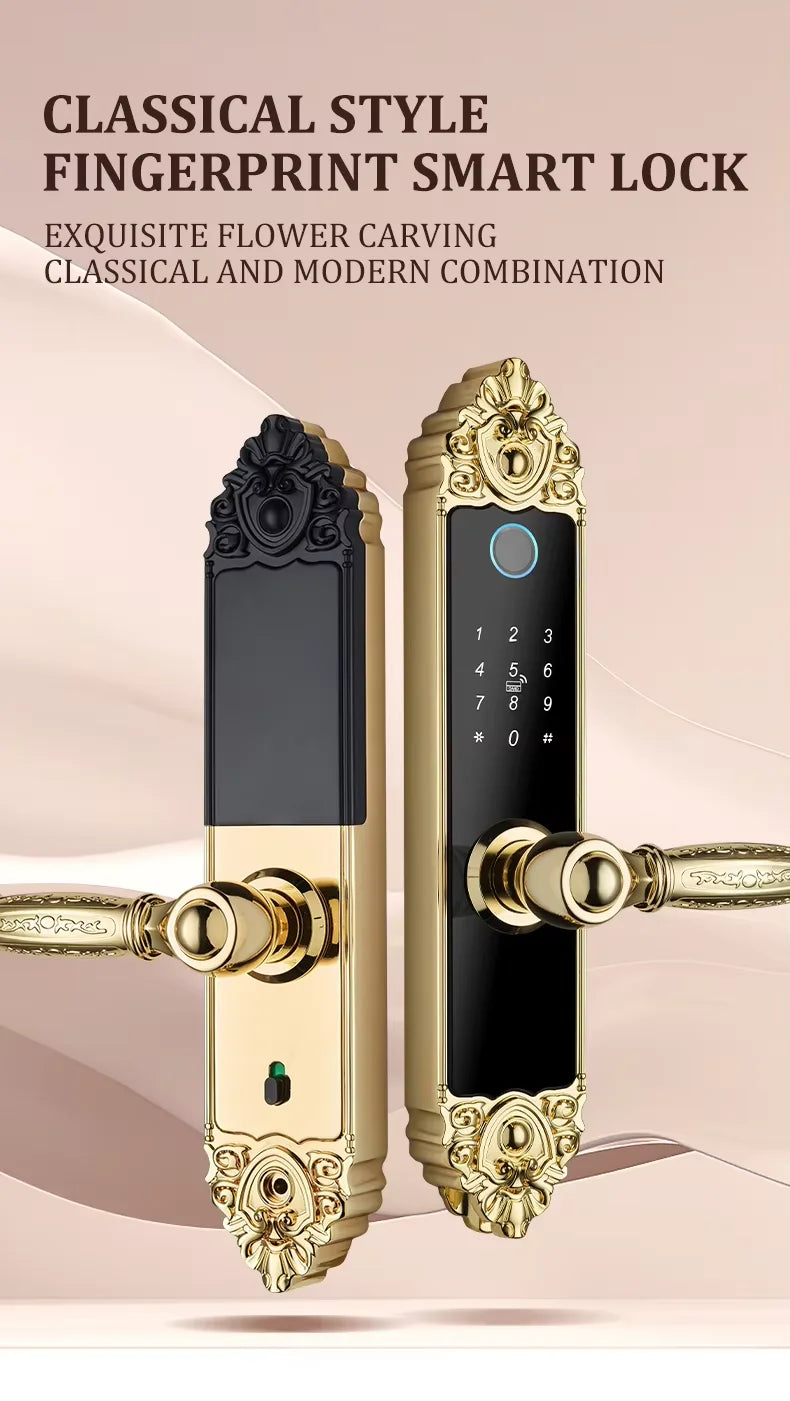 Smart Home Digital Lock Electronic Fingerprint Smart Lock European Home Indoor Door Handle Lock Golden Red Brown Tuya TTlock