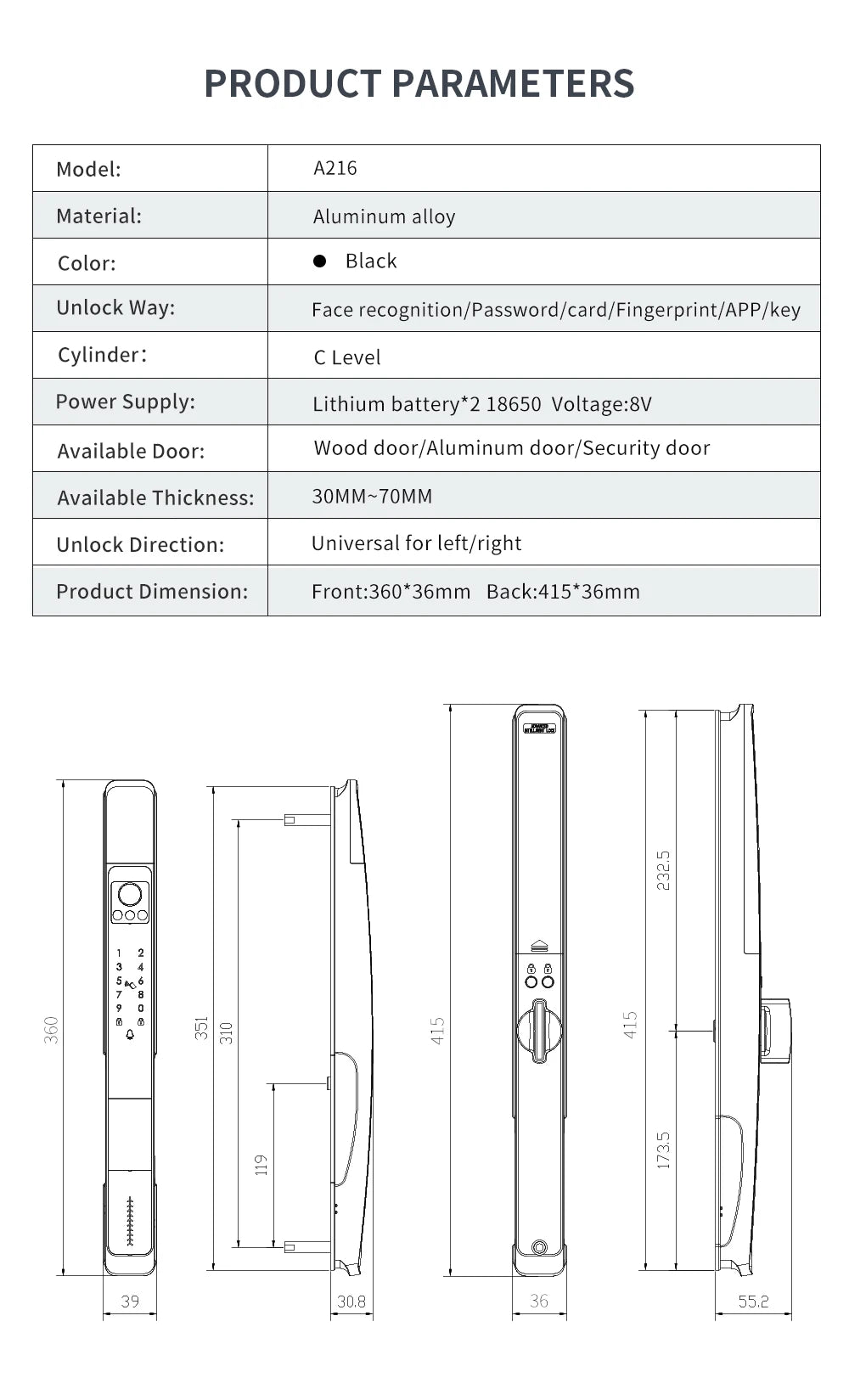 Smart Slim All Automatic Waterproof  3D Face Recognition Video Intercom Aluminum Door Lock