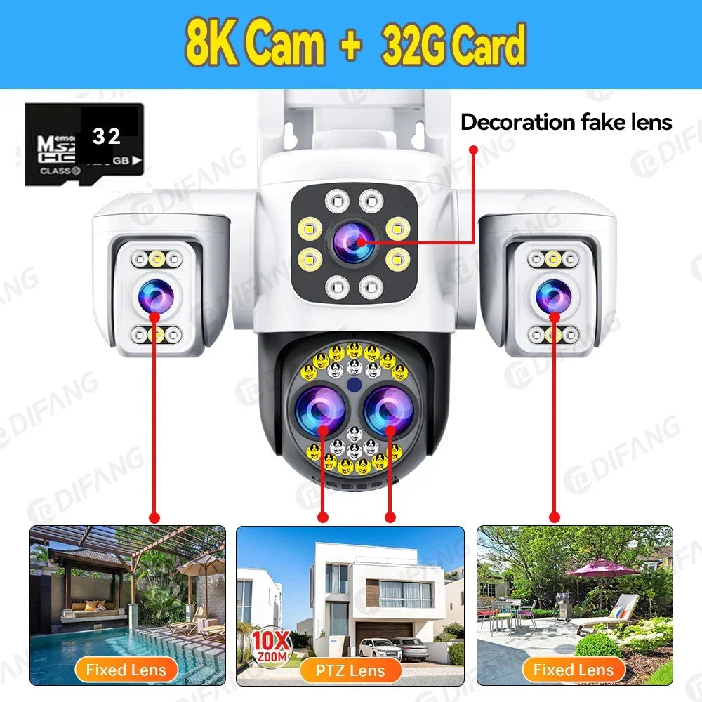 Security Protection 8K WiFi Camera Outdoor Four Lens Triple Screen 10X Zoom 360° CCTV Surveillance Ai Yoosee 16MP Security Cam