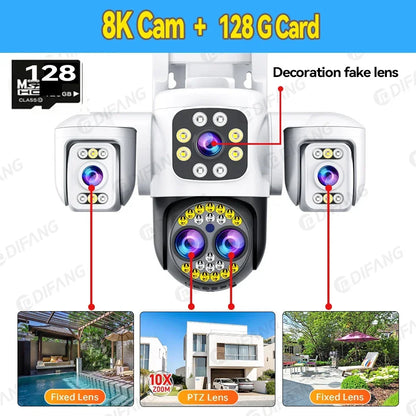 Security Protection 8K WiFi Camera Outdoor Four Lens Triple Screen 10X Zoom 360° CCTV Surveillance Ai Yoosee 16MP Security Cam