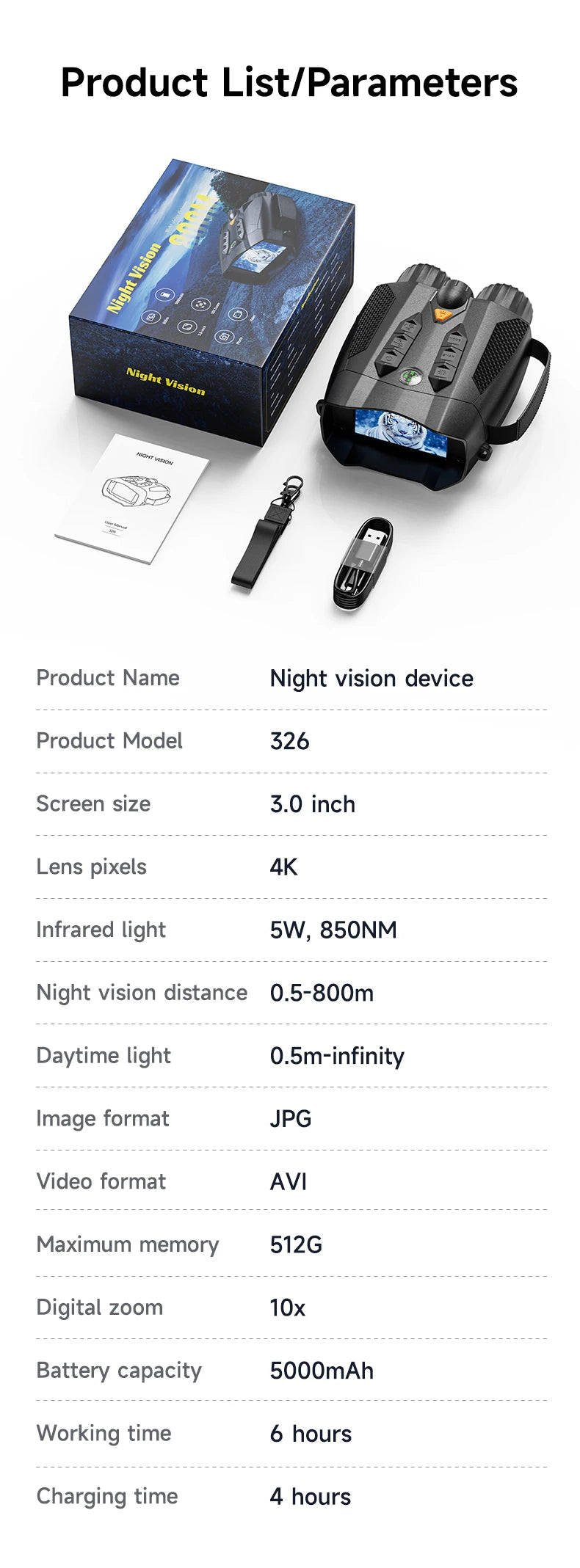 Night Vision Binoculars 4K Infrared 5W IR Rechargeable 10X Digital Zoom 800 Meters Darkness Goggles for Hunting & Surveillance