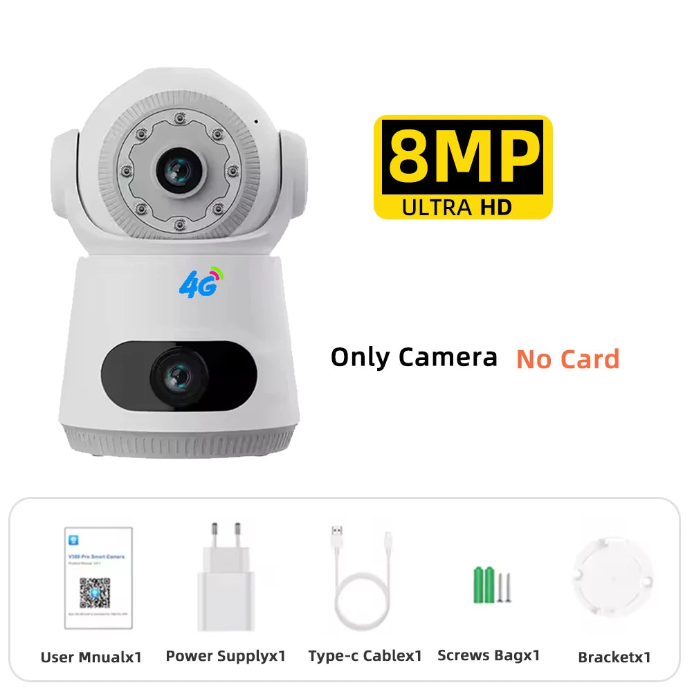4G Security Camera with SIM Card 8MP 4K Dual Lens Two-Way Audio Indoor Baby Monitor Home CCTV Surveillance Night Vision