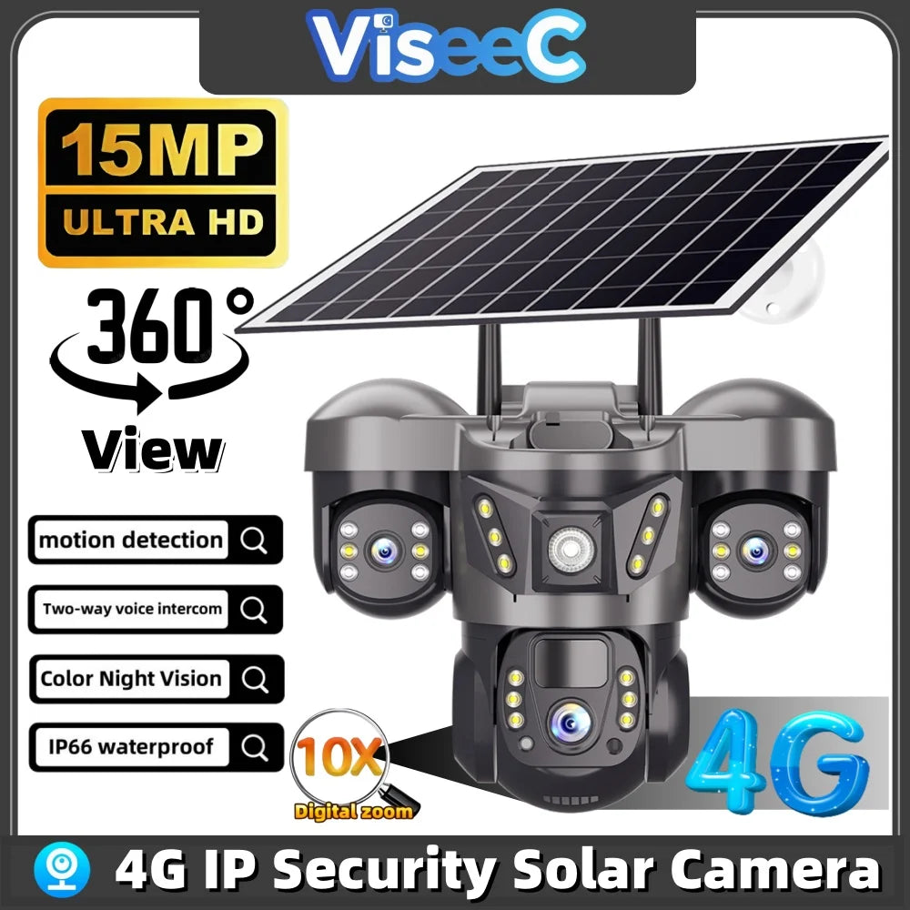 Outdoor Solar Security Camera 4G IP Camera Home Security 15MP Triple Lens 360° PTZ Surveillance Color Night Vision CCTV Camera