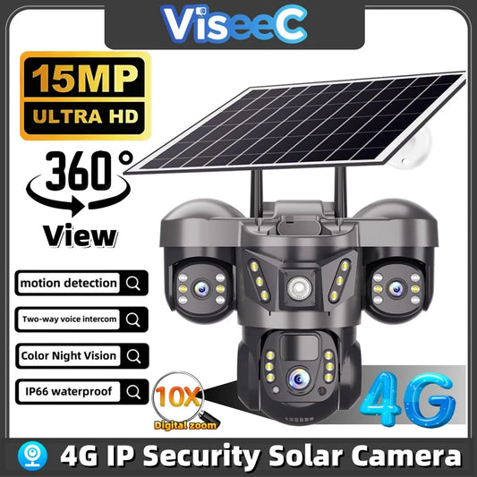 Outdoor Solar Security Camera 4G IP Camera Home Security 15MP Triple Lens 360° PTZ Surveillance Color Night Vision CCTV Camera