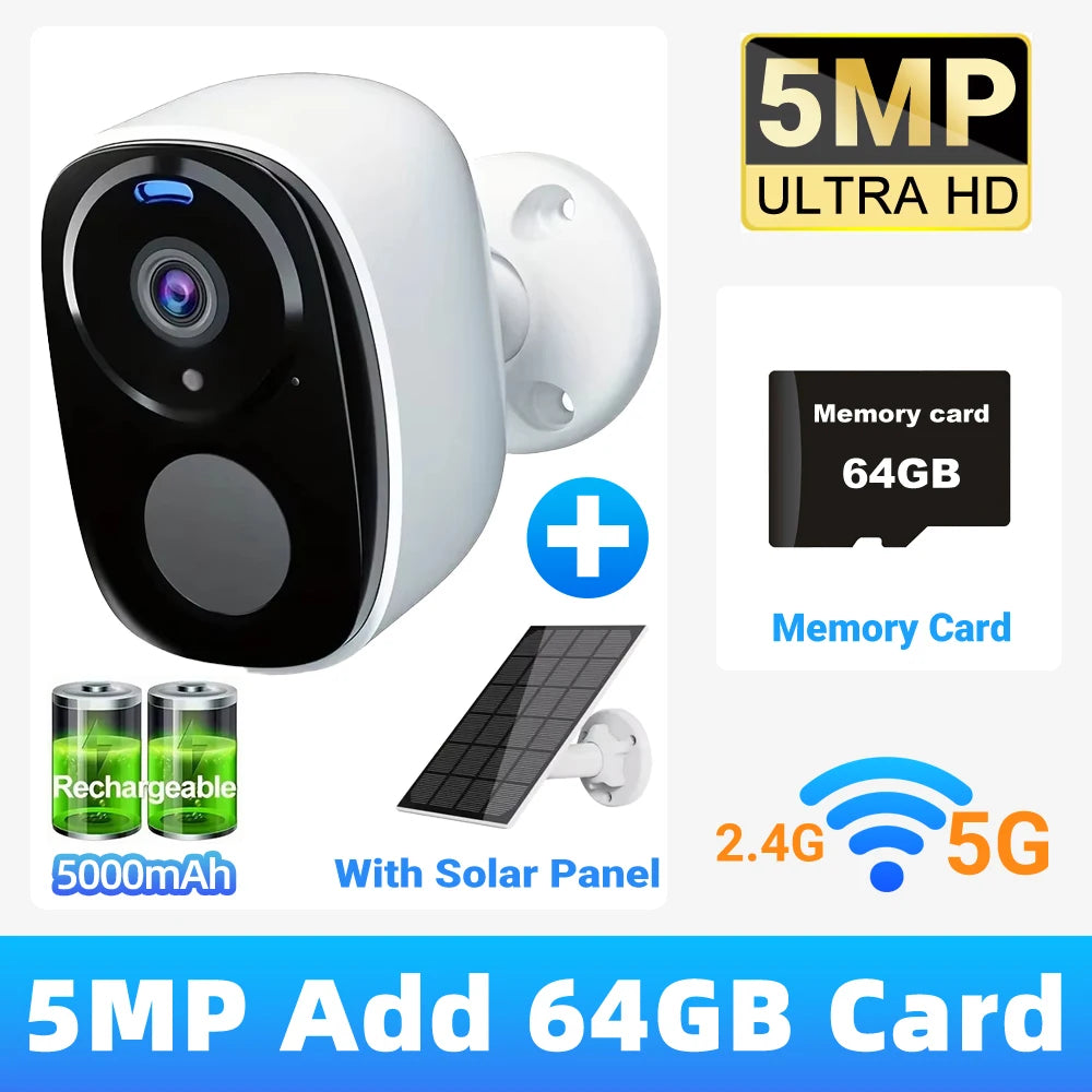 2K 5MP Solar Security Camera Wireless Outdoor Color Night Vision Battery Powered Support 5G WiFi, PIR, Waterproof, Two-Way Alexa