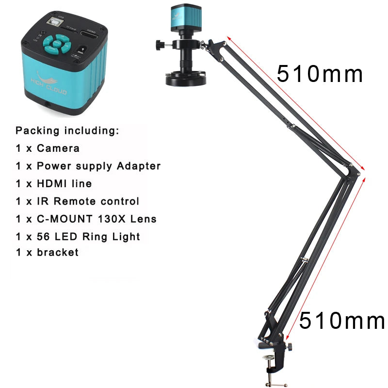 48MP 4K 1080P HDMI USB Industrial Digital Microscope Camera with C-Mount Lens 130X Zoom Cantilever Stand for Repair Soldering