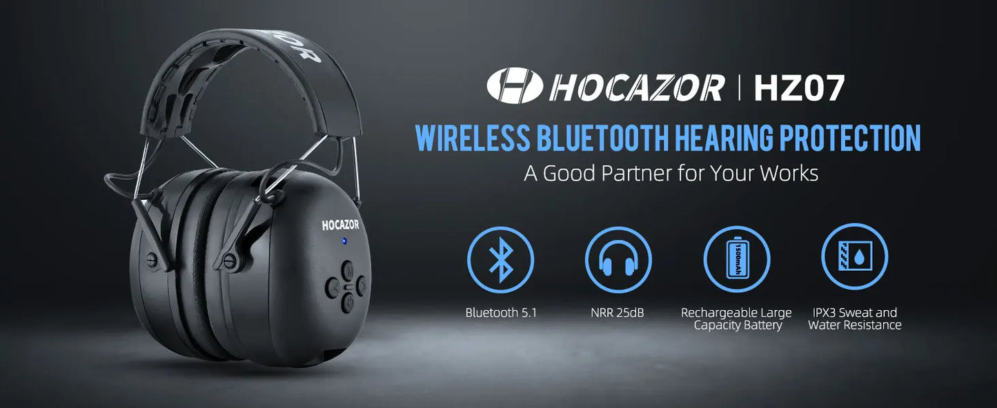 HOCAZOR Electronic Hearing Protection Bluetooth 5.3 Music Headphones for Mowing Noise Cancelling Earmuffs Security Protecter