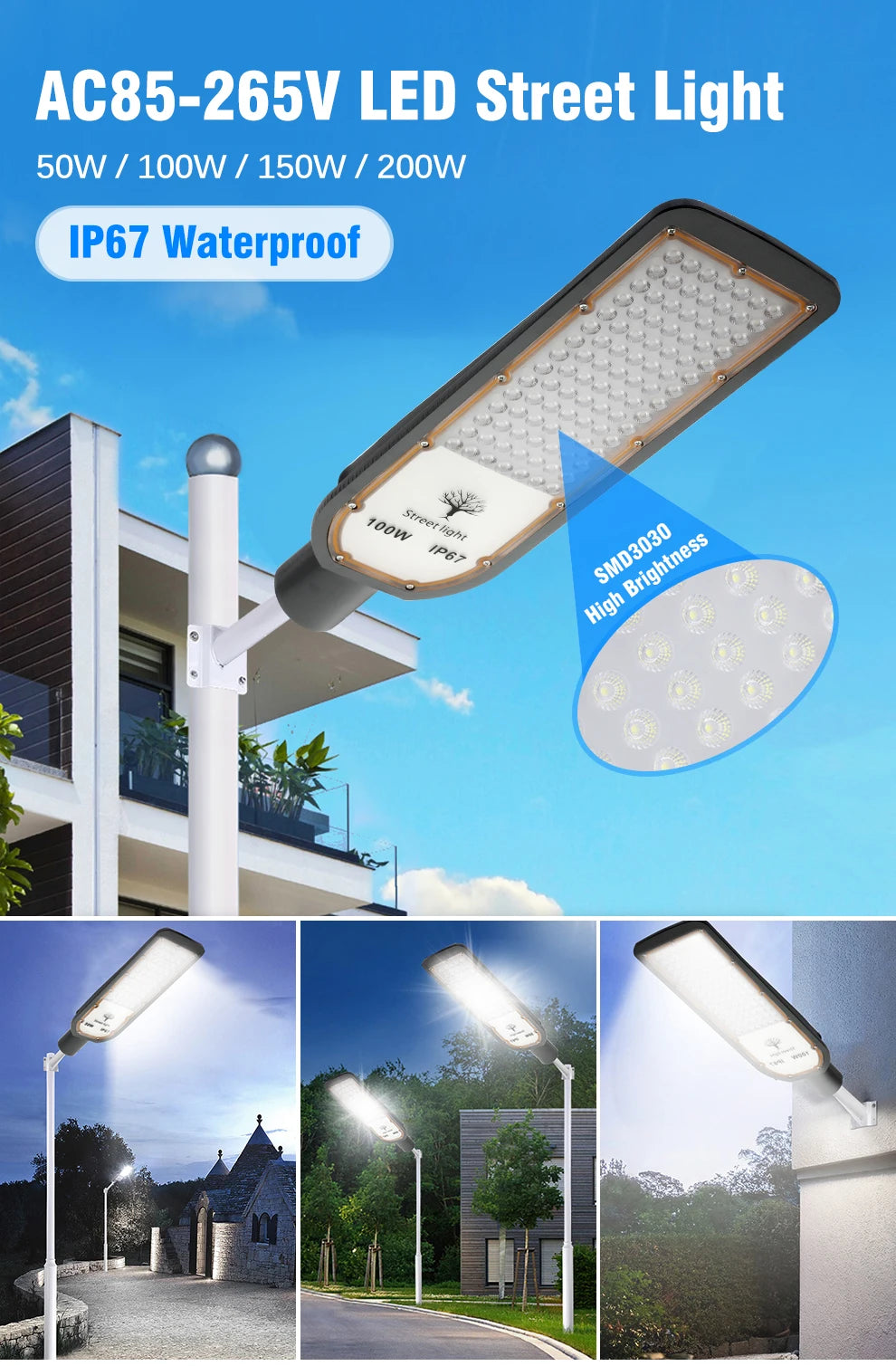 Floodlight IP67 Waterproof LED Street Lights 100W 150W 200W Super Bright Lamp Outdoor Wall Light Security Lighting for Garden